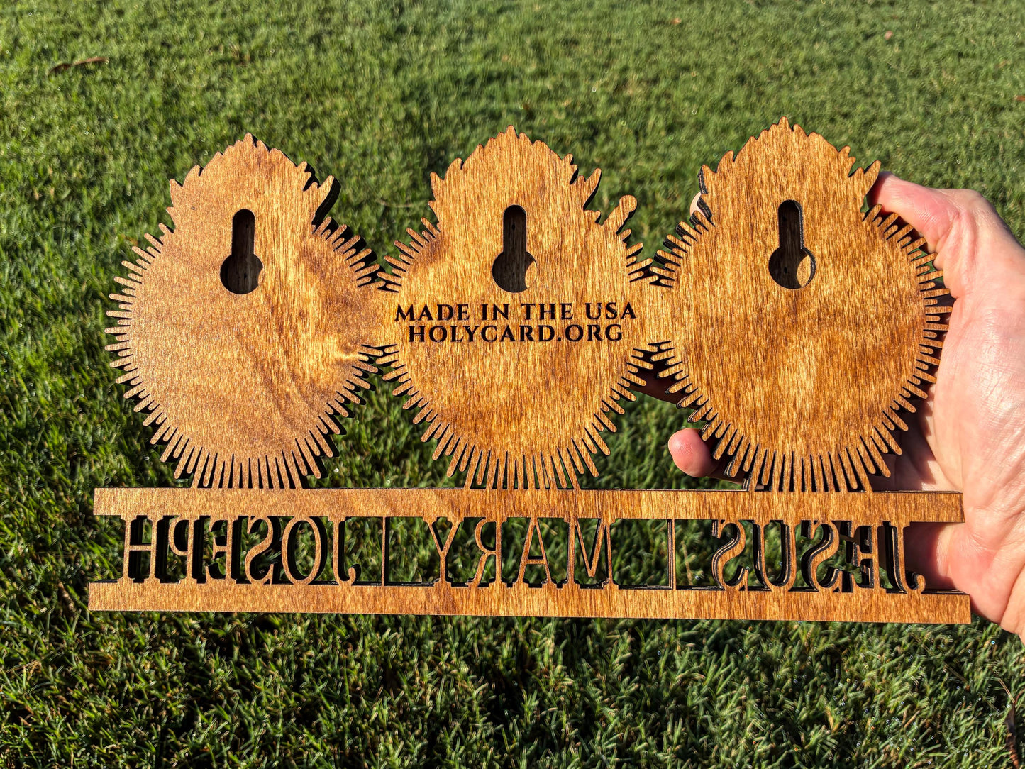 Three Hearts Catholic Wall Art – Sacred Heart, Immaculate Heart & Chaste Heart of St. Joseph – Engraved Wood Wall Art – Made in the USA