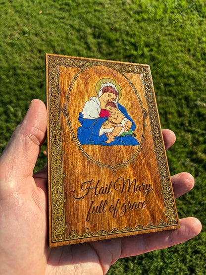Hand-Colored Hail Mary Madonna and Child Wall Art – 4x6 Engraved Birch Wood Catholic Wall Art – Hand-Colored Marian Art – Made in the USA