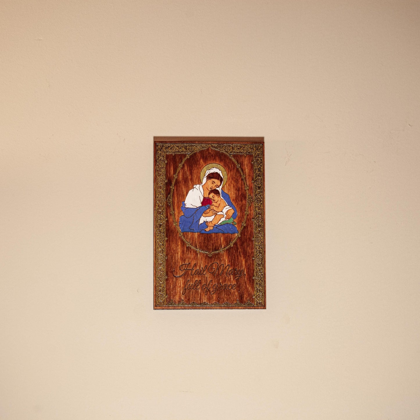 Hand-Colored Hail Mary Madonna and Child Wall Art – 4x6 Engraved Birch Wood Catholic Wall Art – Hand-Colored Marian Art – Made in the USA