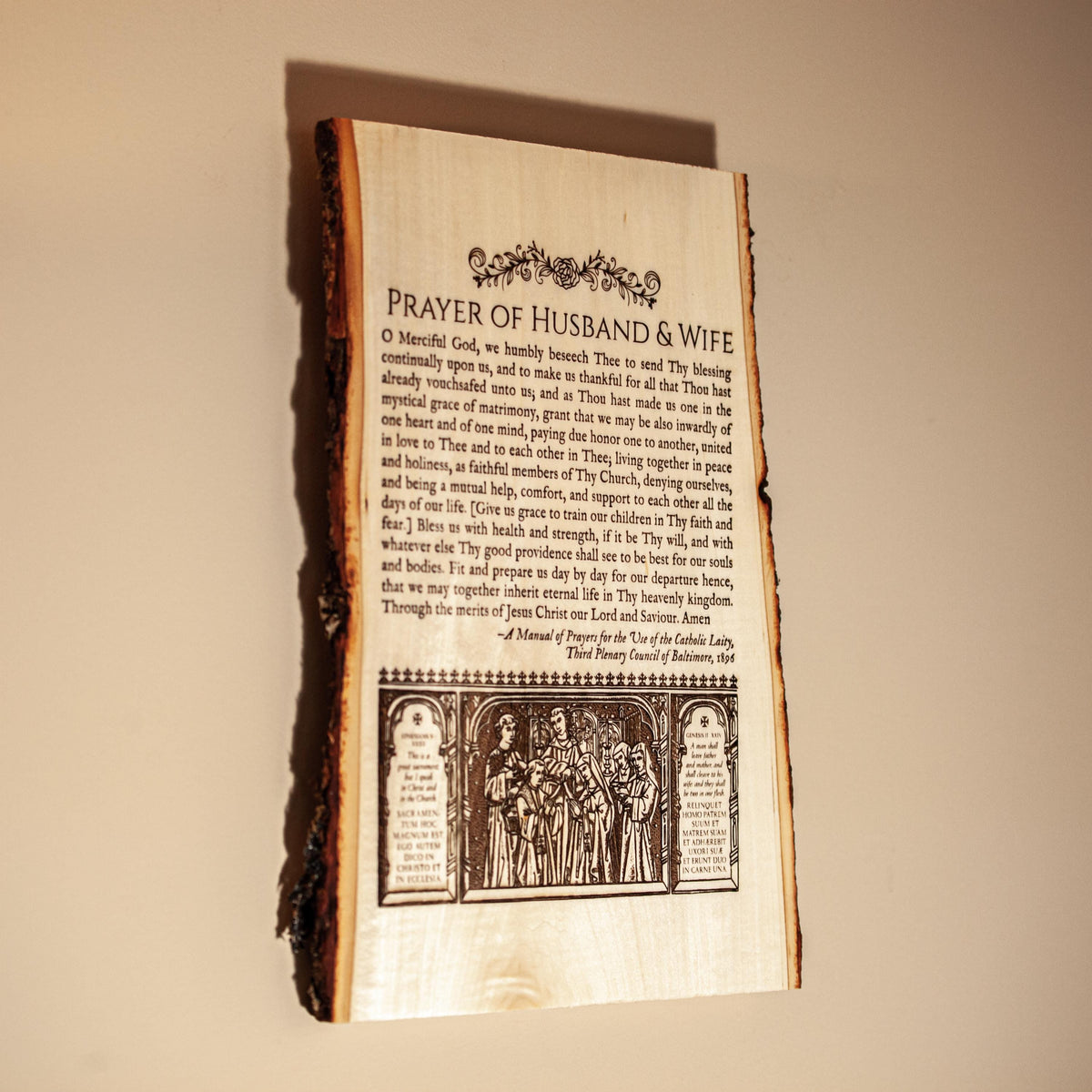 Catholic Prayer of Husband & Wife 9x13" Engraved Wood Wall Plaque – Rustic Live Edge Wedding Gift – Anniversary Gift – Made in the USA