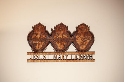 Three Hearts Catholic Wall Art – Sacred Heart, Immaculate Heart & Chaste Heart of St. Joseph – Engraved Wood Wall Art – Made in the USA