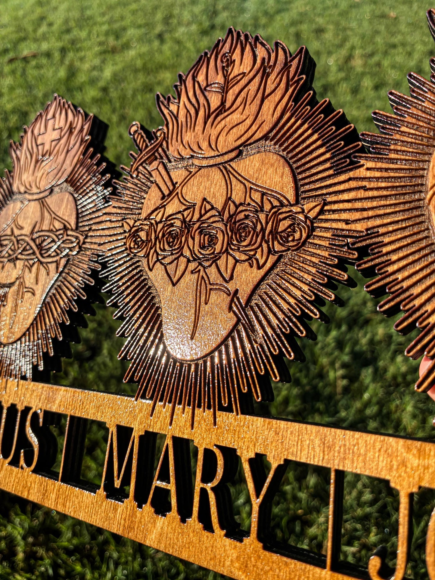 Three Hearts Catholic Wall Art – Sacred Heart, Immaculate Heart & Chaste Heart of St. Joseph – Engraved Wood Wall Art – Made in the USA