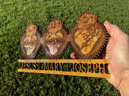 Three Hearts Catholic Wall Art – Sacred Heart, Immaculate Heart & Chaste Heart of St. Joseph – Engraved Wood Wall Art – Made in the USA