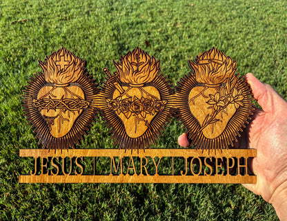 Three Hearts Catholic Wall Art – Sacred Heart, Immaculate Heart & Chaste Heart of St. Joseph – Engraved Wood Wall Art – Made in the USA