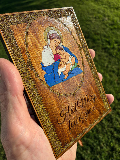 Hand-Colored Hail Mary Madonna and Child Wall Art – 4x6 Engraved Birch Wood Catholic Wall Art – Hand-Colored Marian Art – Made in the USA