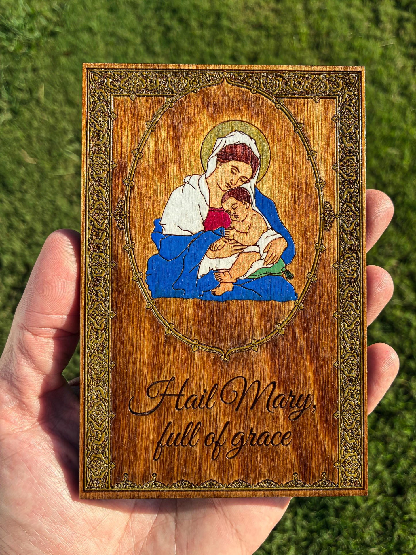 Hand-Colored Hail Mary Madonna and Child Wall Art – 4x6 Engraved Birch Wood Catholic Wall Art – Hand-Colored Marian Art – Made in the USA