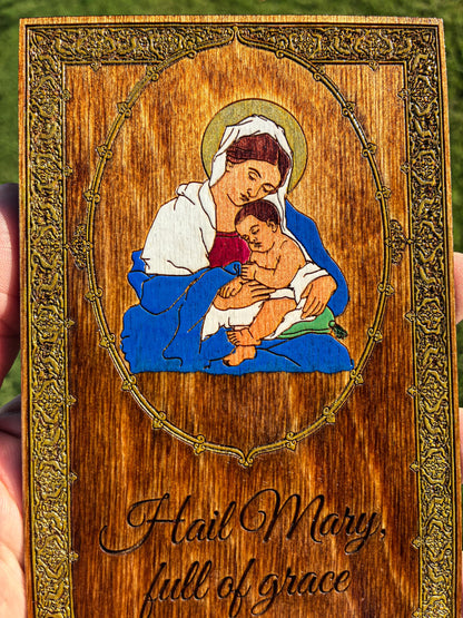 Hand-Colored Hail Mary Madonna and Child Wall Art – 4x6 Engraved Birch Wood Catholic Wall Art – Hand-Colored Marian Art – Made in the USA