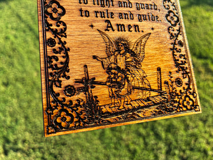 Guardian Angel Prayer Mini Wall Hanging – 4x6 Engraved Birch Wood Plaque – Golden Oak Finish – Made in the USA – Catholic Gift