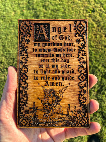 Guardian Angel Prayer Mini Wall Hanging – 4x6 Engraved Birch Wood Plaque – Golden Oak Finish – Made in the USA – Catholic Gift