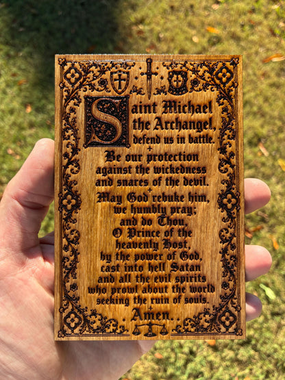 Saint Michael Prayer Mini Wall Hanging – 4x6 Engraved Birch Wood Plaque – Golden Oak Finish – Made in the USA – Catholic Gift
