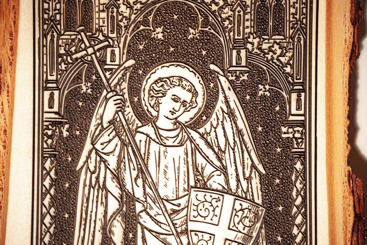 Saint Michael the Archangel, 8 x 13 inch Laser-Engraved Wood Wall Art with Bark Edge, Engraved in the USA, Catholic Living