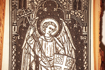 Saint Michael the Archangel, 8 x 13 inch Laser-Engraved Wood Wall Art with Bark Edge, Engraved in the USA, Catholic Living