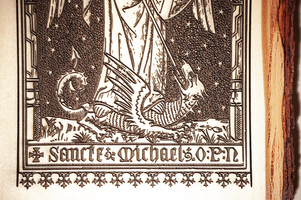 Saint Michael the Archangel, 8 x 13 inch Laser-Engraved Wood Wall Art with Bark Edge, Engraved in the USA, Catholic Living