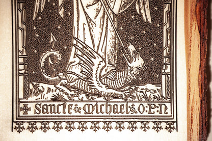 Saint Michael the Archangel, 8 x 13 inch Laser-Engraved Wood Wall Art with Bark Edge, Engraved in the USA, Catholic Living