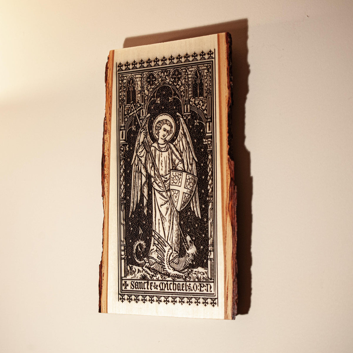 Saint Michael the Archangel, 8 x 13 inch Laser-Engraved Wood Wall Art with Bark Edge, Engraved in the USA, Catholic Living