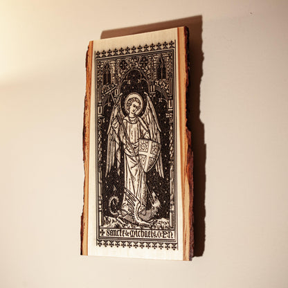 Saint Michael the Archangel, 8 x 13 inch Laser-Engraved Wood Wall Art with Bark Edge, Engraved in the USA, Catholic Living