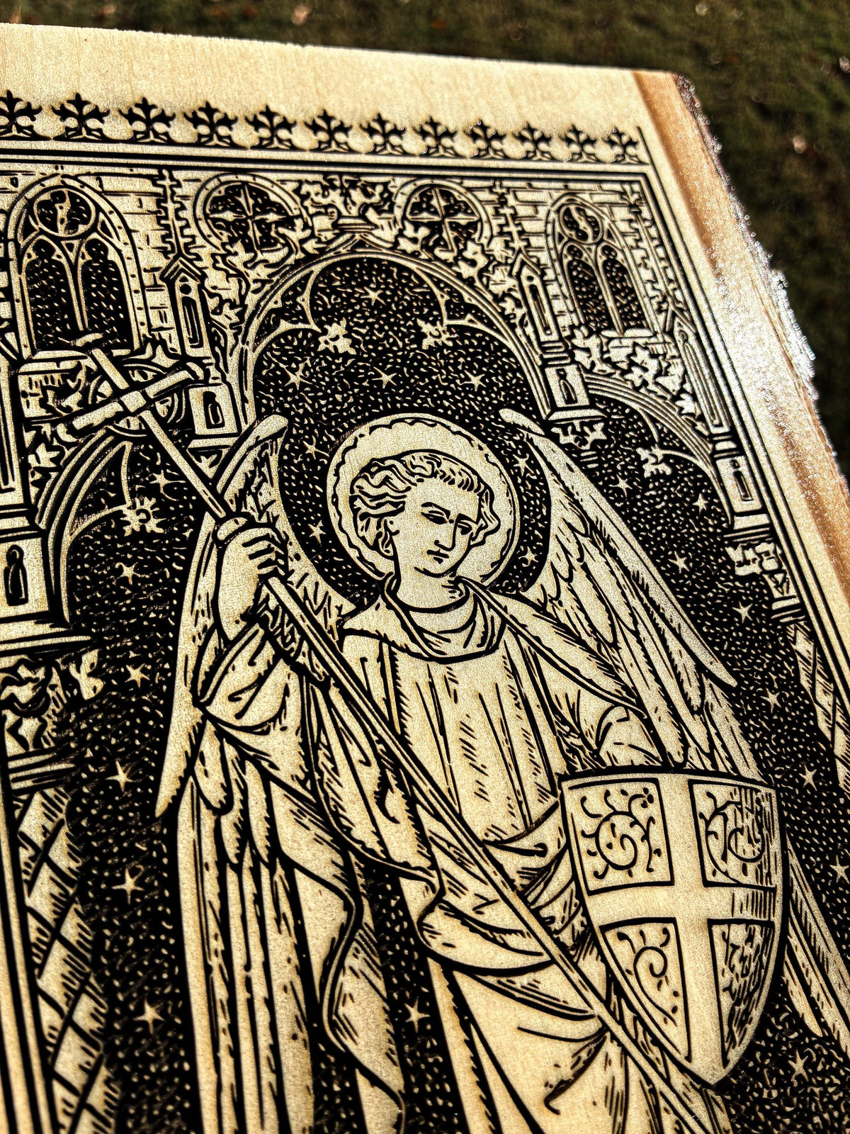 Saint Michael the Archangel, 8 x 13 inch Laser-Engraved Wood Wall Art with Bark Edge, Engraved in the USA, Catholic Living