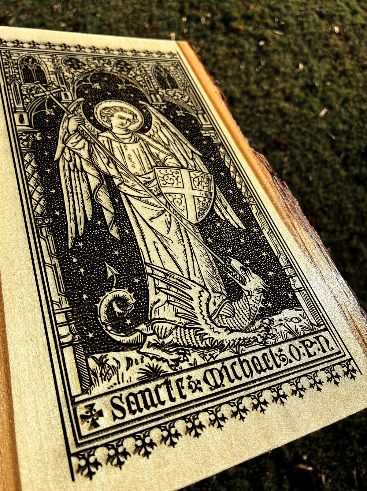Saint Michael the Archangel, 8 x 13 inch Laser-Engraved Wood Wall Art with Bark Edge, Engraved in the USA, Catholic Living