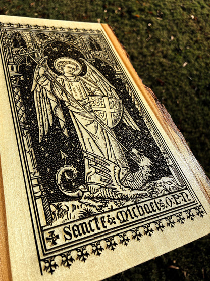 Saint Michael the Archangel, 8 x 13 inch Laser-Engraved Wood Wall Art with Bark Edge, Engraved in the USA, Catholic Living