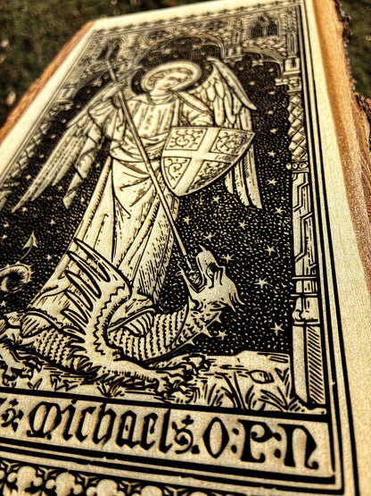Saint Michael the Archangel, 8 x 13 inch Laser-Engraved Wood Wall Art with Bark Edge, Engraved in the USA, Catholic Living