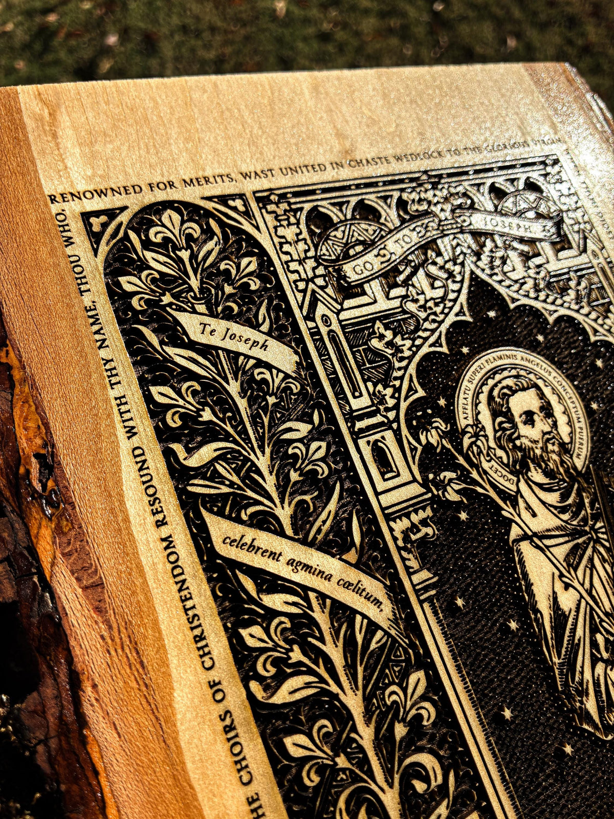 Saint Joseph the Worker Live Edge Wood Wall Art – Large 10x13 Laser Engraved Catholic Plaque – Rustic Bark Edge – Made in the USA