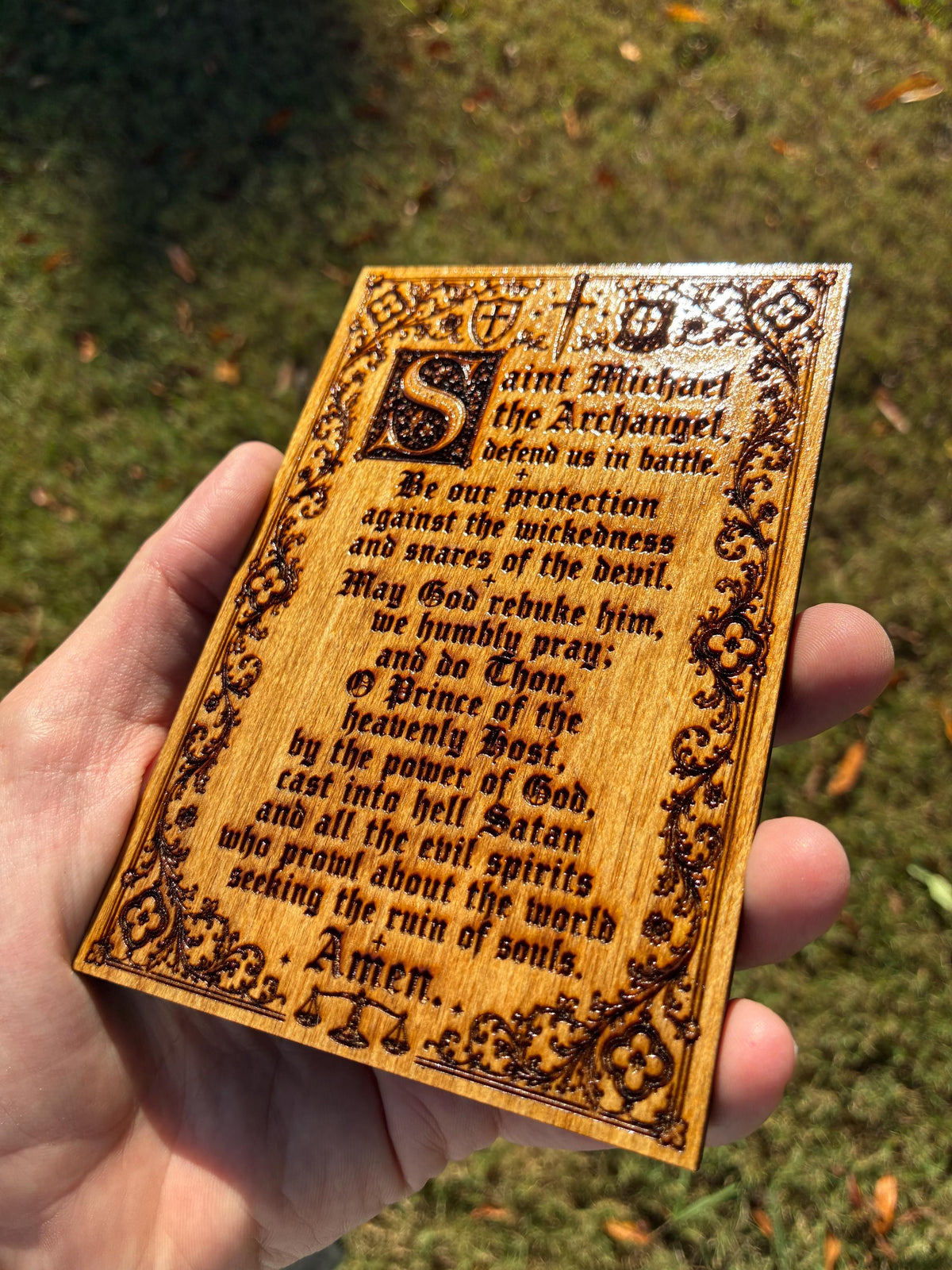 Saint Michael Prayer Mini Wall Hanging – 4x6 Engraved Birch Wood Plaque – Golden Oak Finish – Made in the USA – Catholic Gift
