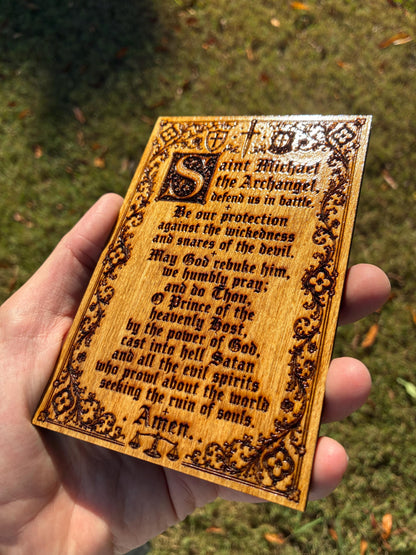 Saint Michael Prayer Mini Wall Hanging – 4x6 Engraved Birch Wood Plaque – Golden Oak Finish – Made in the USA – Catholic Gift
