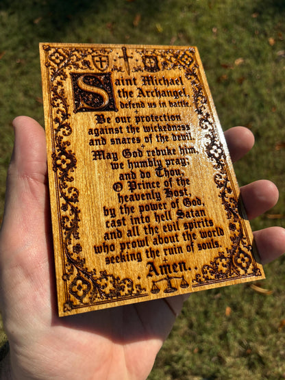 Saint Michael Prayer Mini Wall Hanging – 4x6 Engraved Birch Wood Plaque – Golden Oak Finish – Made in the USA – Catholic Gift