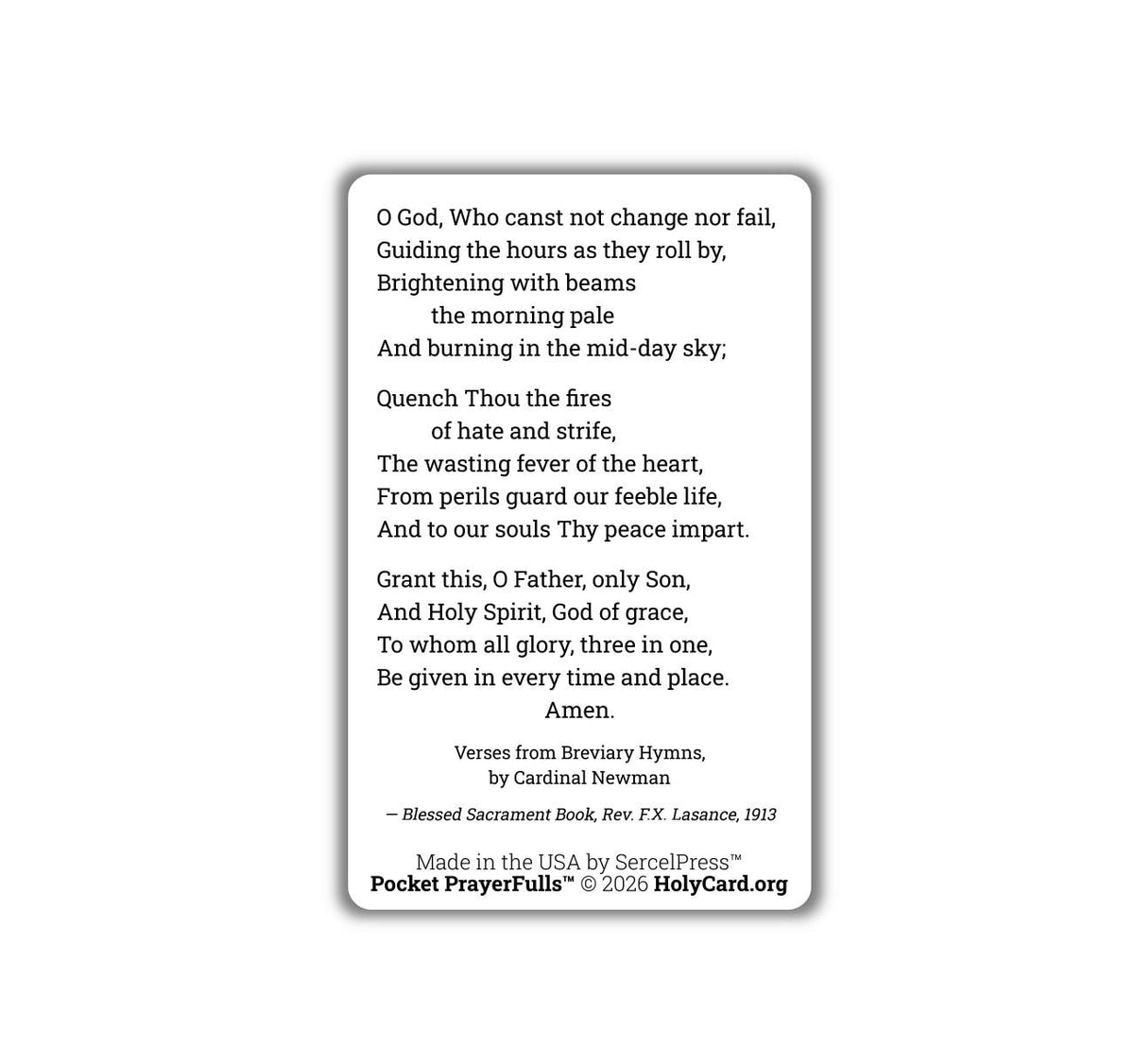 Catholic Prayer for Peace Card | Quench Thou the Fires of Hate and Strife | Cardinal Newman Hymn | Pocket PrayerFulls | Made in USA