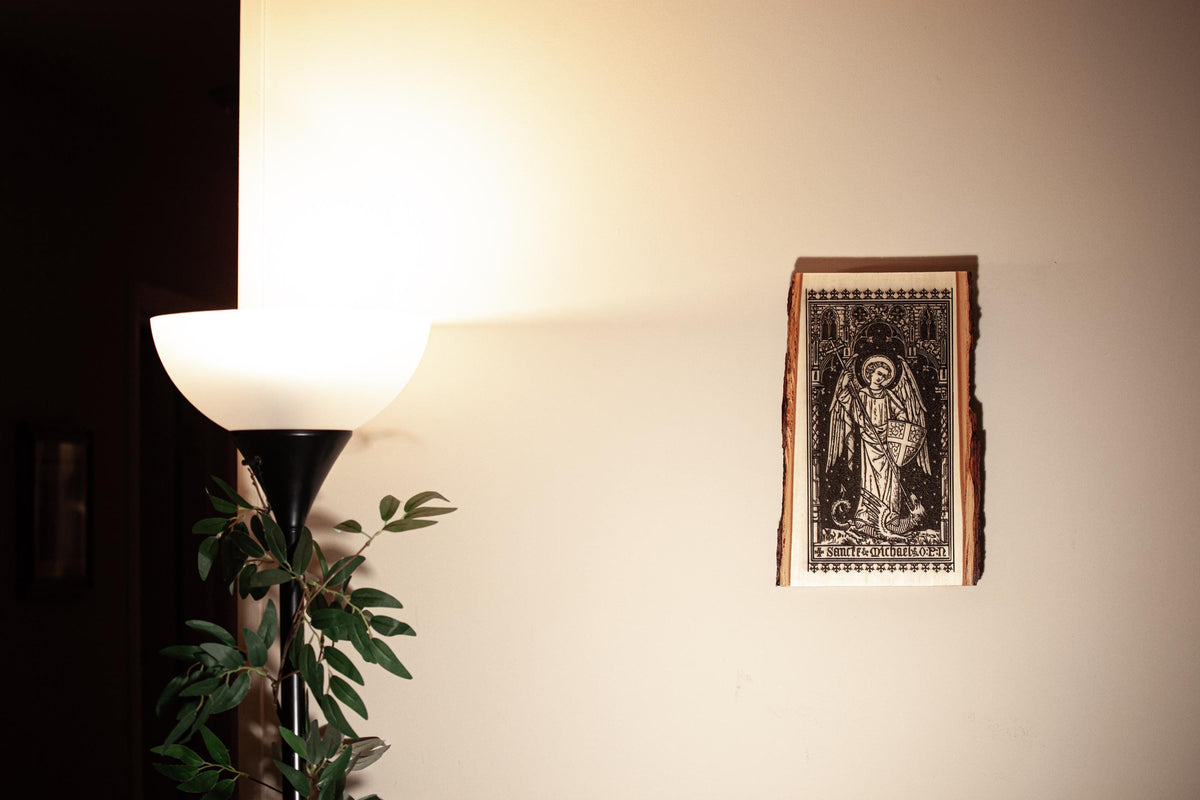Saint Michael the Archangel, 8 x 13 inch Laser-Engraved Wood Wall Art with Bark Edge, Engraved in the USA, Catholic Living