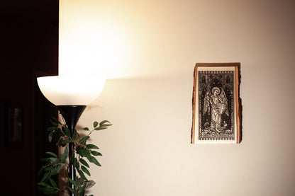 Saint Michael the Archangel, 8 x 13 inch Laser-Engraved Wood Wall Art with Bark Edge, Engraved in the USA, Catholic Living