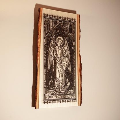 Saint Michael the Archangel, 8 x 13 inch Laser-Engraved Wood Wall Art with Bark Edge, Engraved in the USA, Catholic Living
