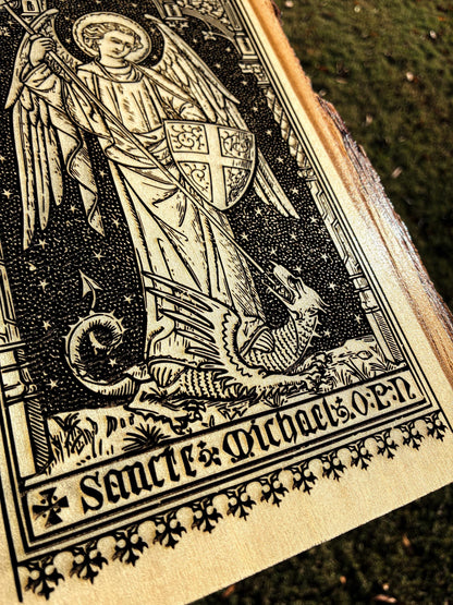 Saint Michael the Archangel, 8 x 13 inch Laser-Engraved Wood Wall Art with Bark Edge, Engraved in the USA, Catholic Living