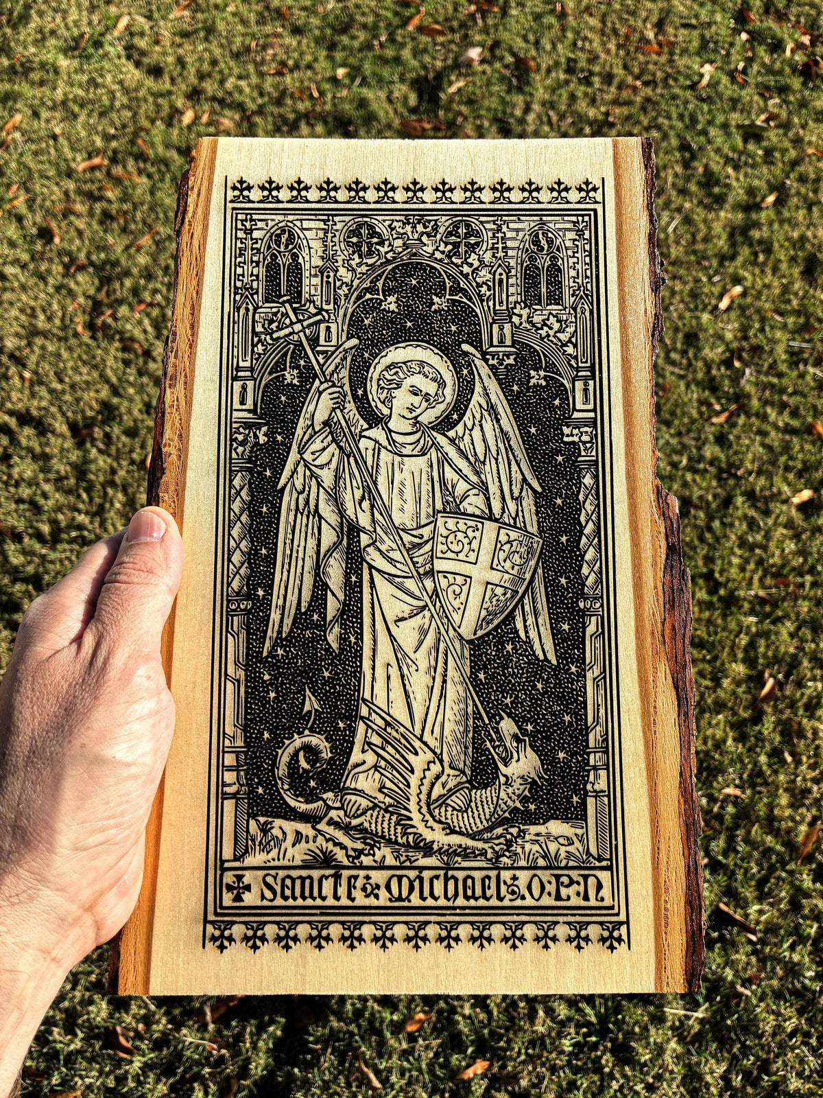 Saint Michael the Archangel, 8 x 13 inch Laser-Engraved Wood Wall Art with Bark Edge, Engraved in the USA, Catholic Living