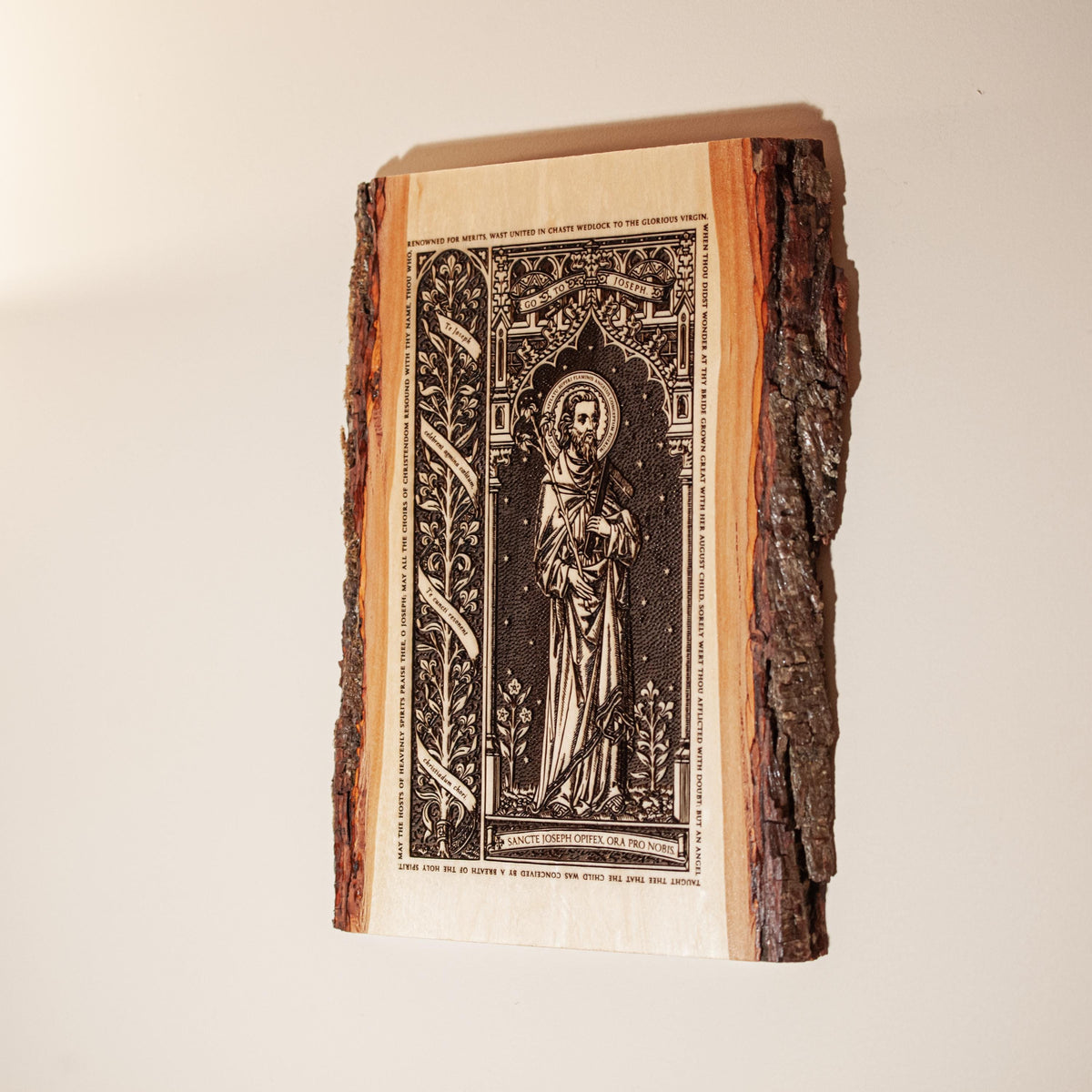 Saint Joseph the Worker Live Edge Wood Wall Art – Large 10x13 Laser Engraved Catholic Plaque – Rustic Bark Edge – Made in the USA