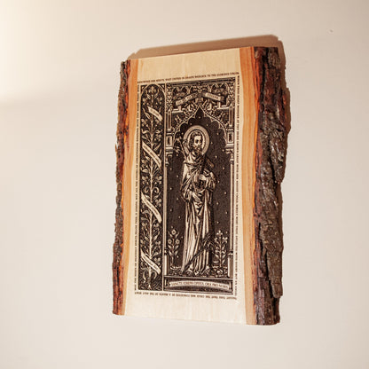 Saint Joseph the Worker Live Edge Wood Wall Art – Large 10x13 Laser Engraved Catholic Plaque – Rustic Bark Edge – Made in the USA