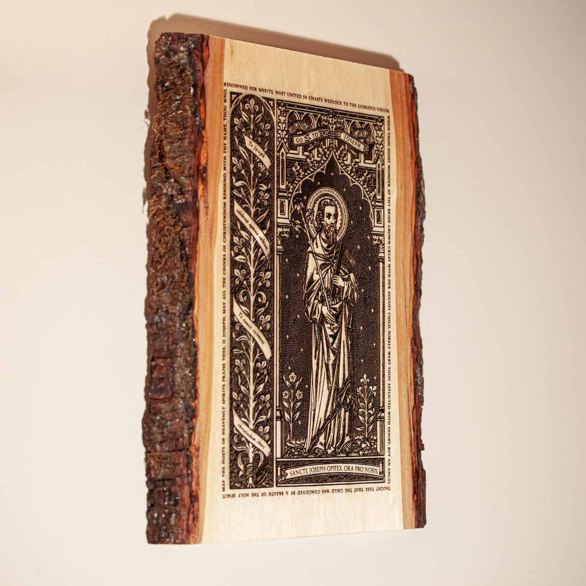 Saint Joseph the Worker Live Edge Wood Wall Art – Large 10x13 Laser Engraved Catholic Plaque – Rustic Bark Edge – Made in the USA