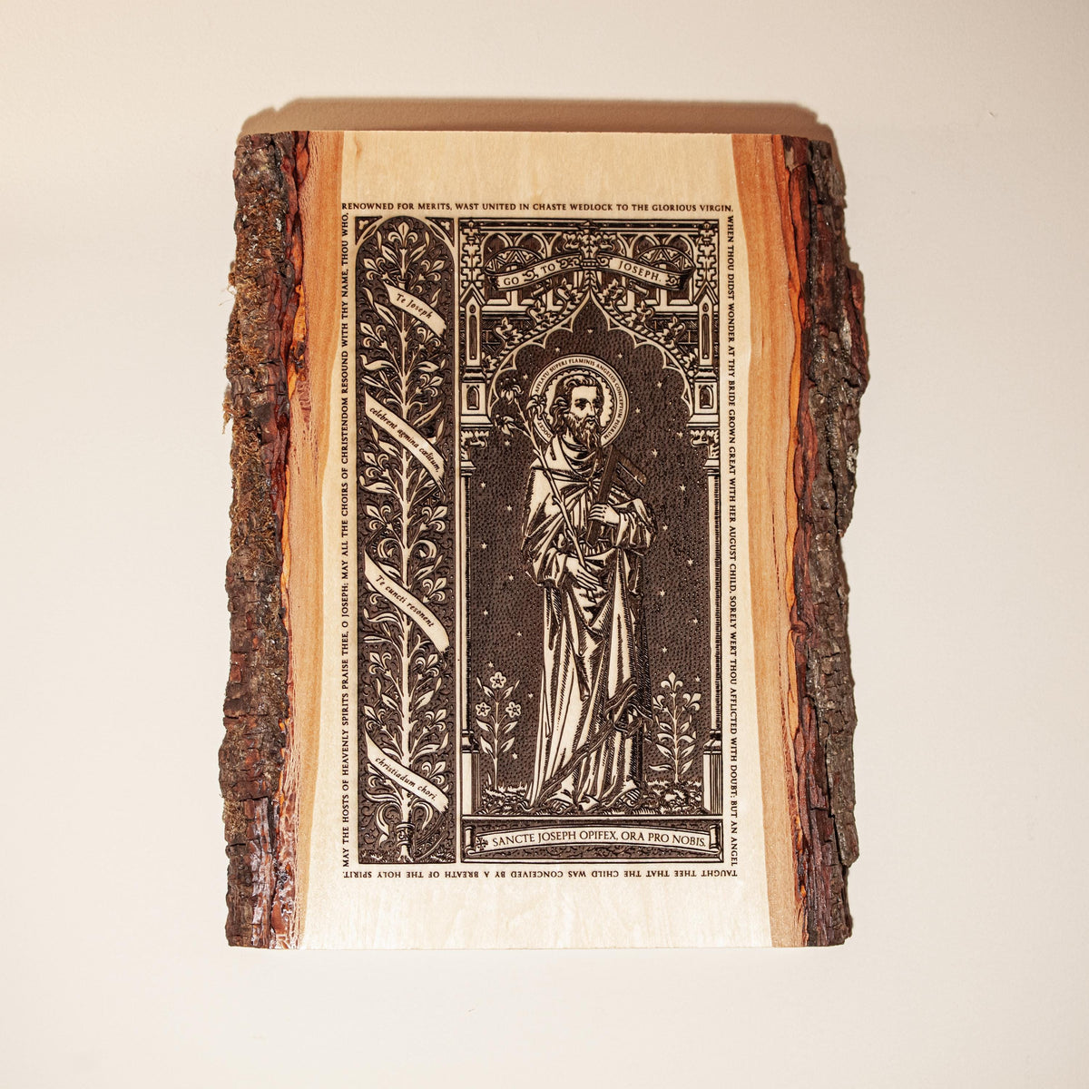 Saint Joseph the Worker Live Edge Wood Wall Art – Large 10x13 Laser Engraved Catholic Plaque – Rustic Bark Edge – Made in the USA