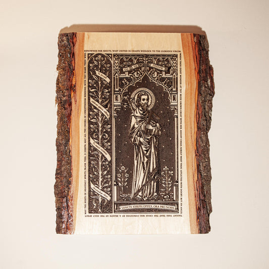 Saint Joseph the Worker Live Edge Wood Wall Art – Large 10x13 Laser Engraved Catholic Plaque – Rustic Bark Edge – Made in the USA