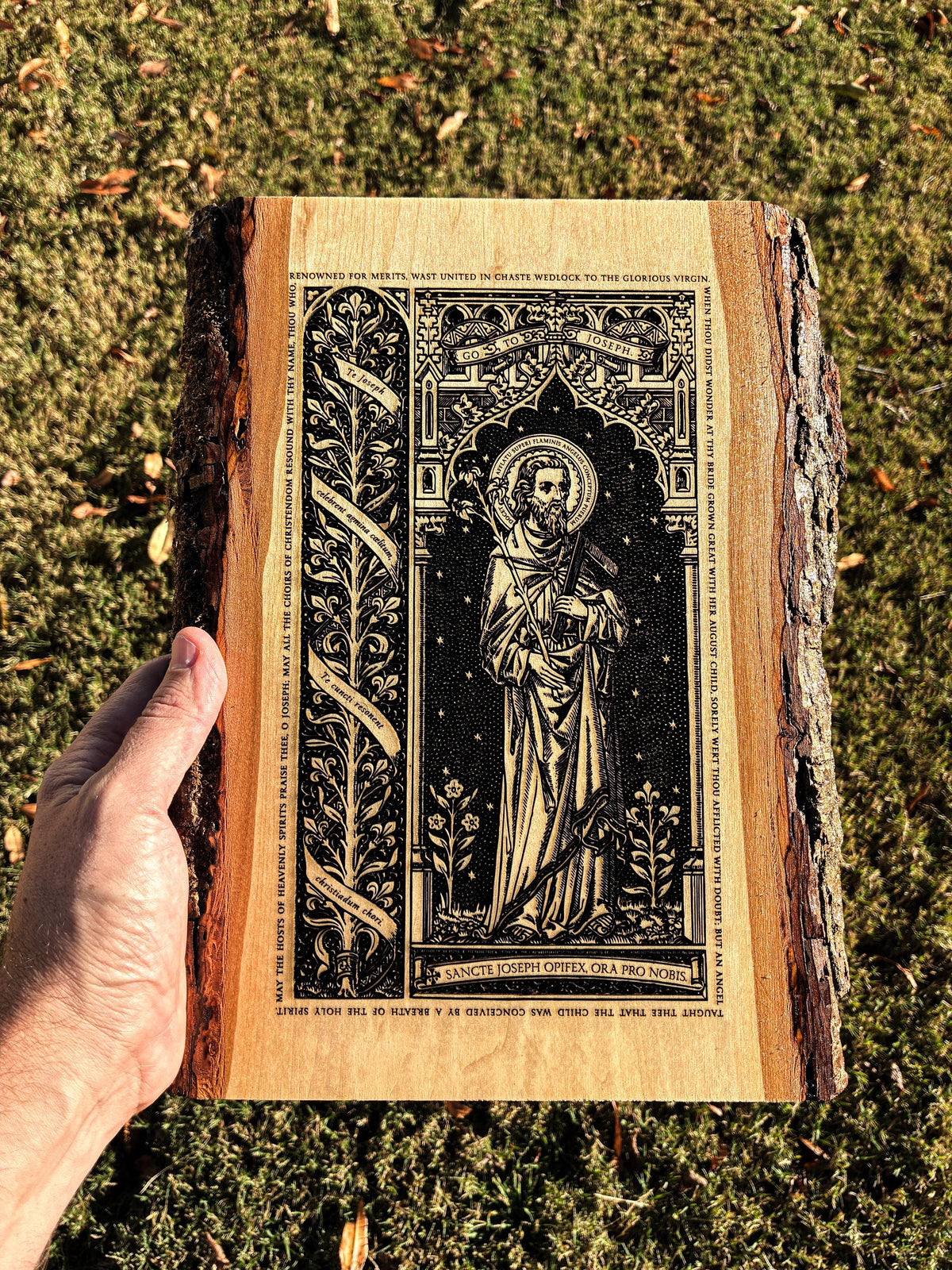 Saint Joseph the Worker Live Edge Wood Wall Art – Large 10x13 Laser Engraved Catholic Plaque – Rustic Bark Edge – Made in the USA