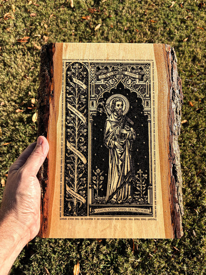 Saint Joseph the Worker Live Edge Wood Wall Art – Large 10x13 Laser Engraved Catholic Plaque – Rustic Bark Edge – Made in the USA